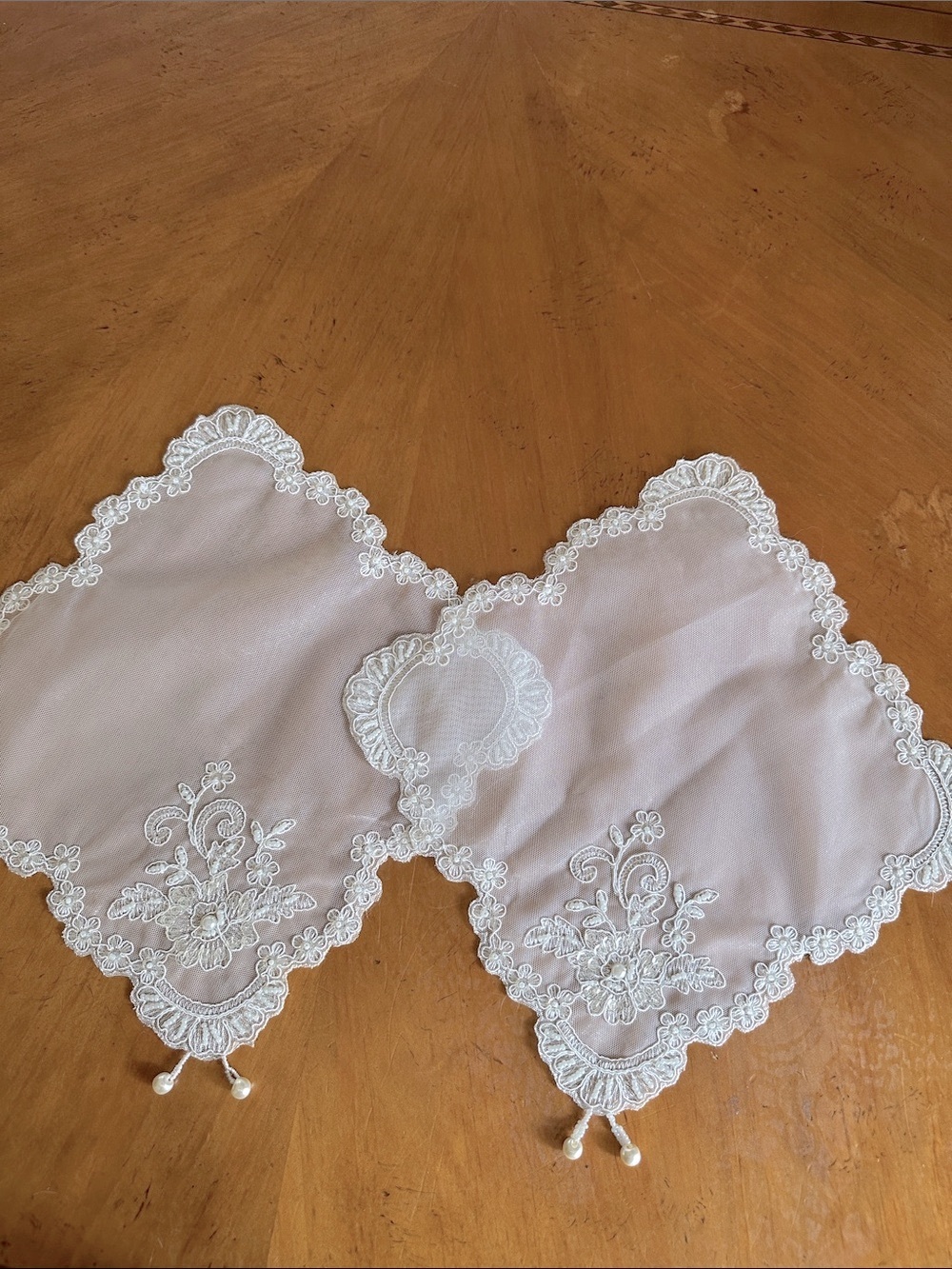 HANDMADE Set of 2 Ivory Embroidered Lace Handkerchiefs with Pearl Tassels